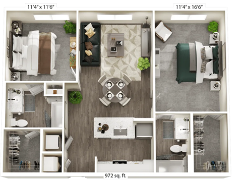 Floor plan for 2 beds, 2 baths, 972 sqft